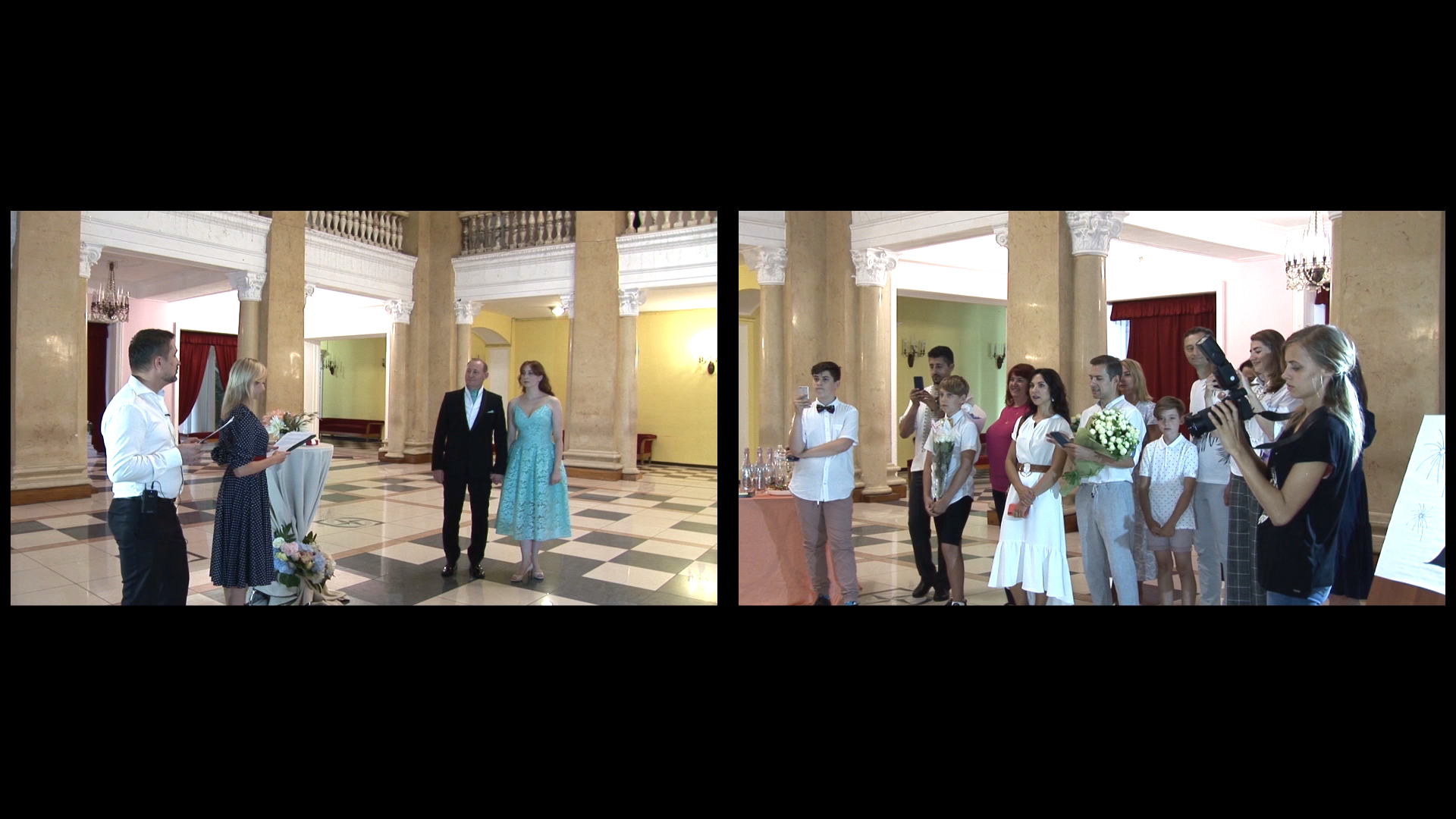 Онлайн трансляция свадебной церемонии двухкамерный режим. Молодожены в окне слева и гости церемонии справа.